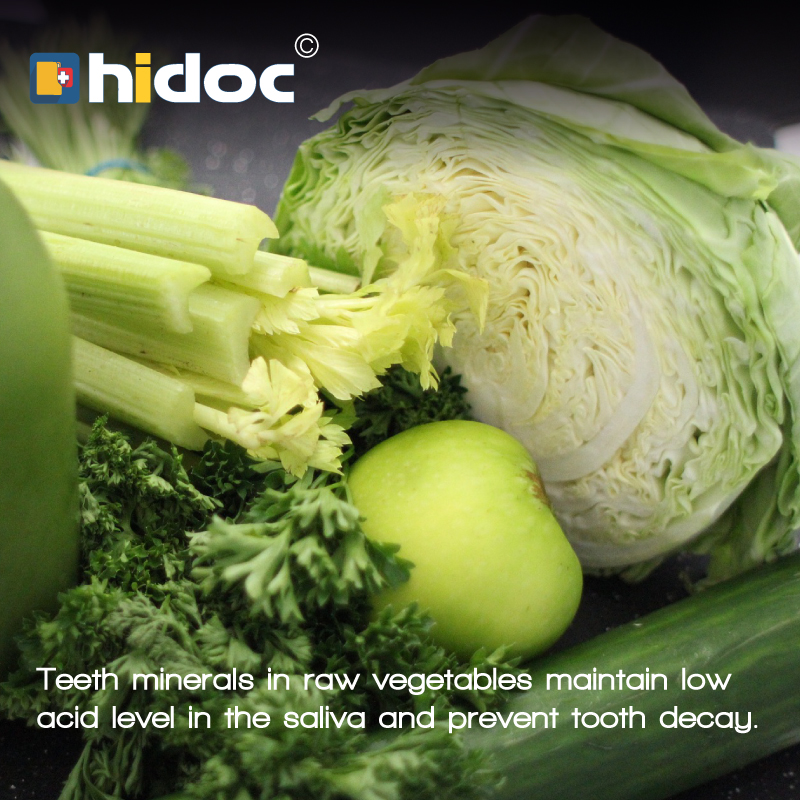 Teeth minerals in raw vegetables maintain low acid level in the saliva and prevent tooth decay.